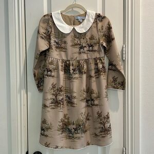 Girls Hill House Equestrian Dress Vintage Style Tan Dress with Horse Print